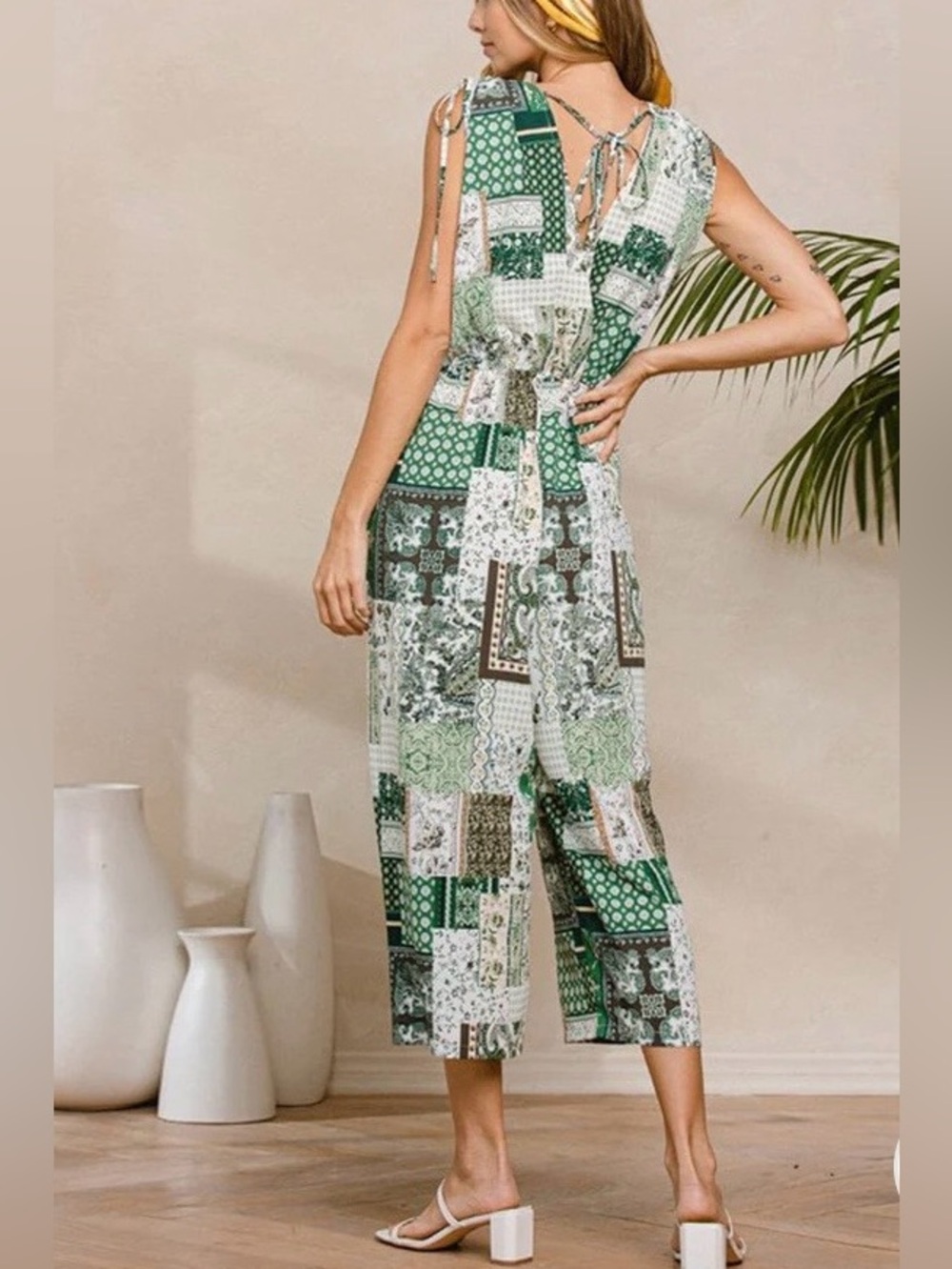 0879.  Sleeveless Green Patchwork Jumpsuit - Picture 2 of 2